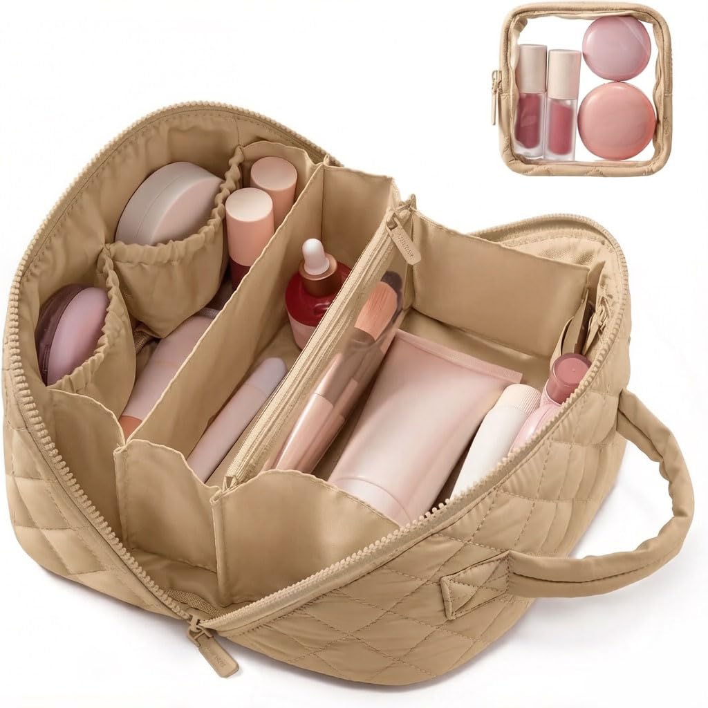 moniko Travel Makeup Bag for Women, 2PCS Waterproof Puffer Cosmetic Bags, Large Capacity Lay-Flat Toiletry Organizer with Brush Compartment & Handle, Portable Makeup Pouch Set (Khaki)