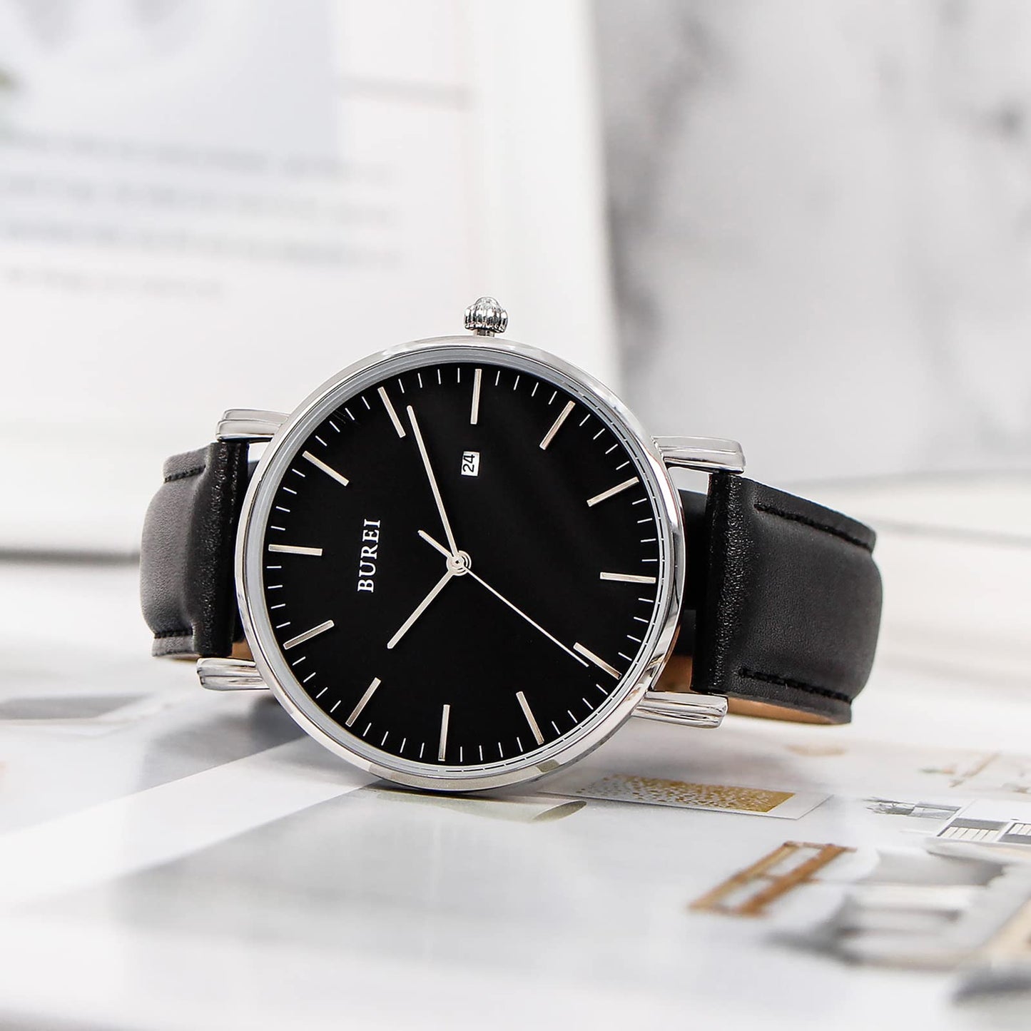BUREI Ultra Thin Minimalist Men Leather Watch, 3ATM Waterproof Business Casual Wrist Watch, Gift for Father