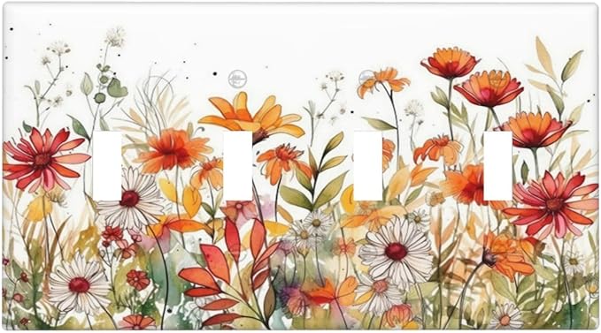 Watercolor Wild Flower Floral 4 Gang Decorative light switch plate Quad Toggle Wall Plate Covers Switchplate Electrical Faceplate for Nursery Bedroom Bathroom Decor