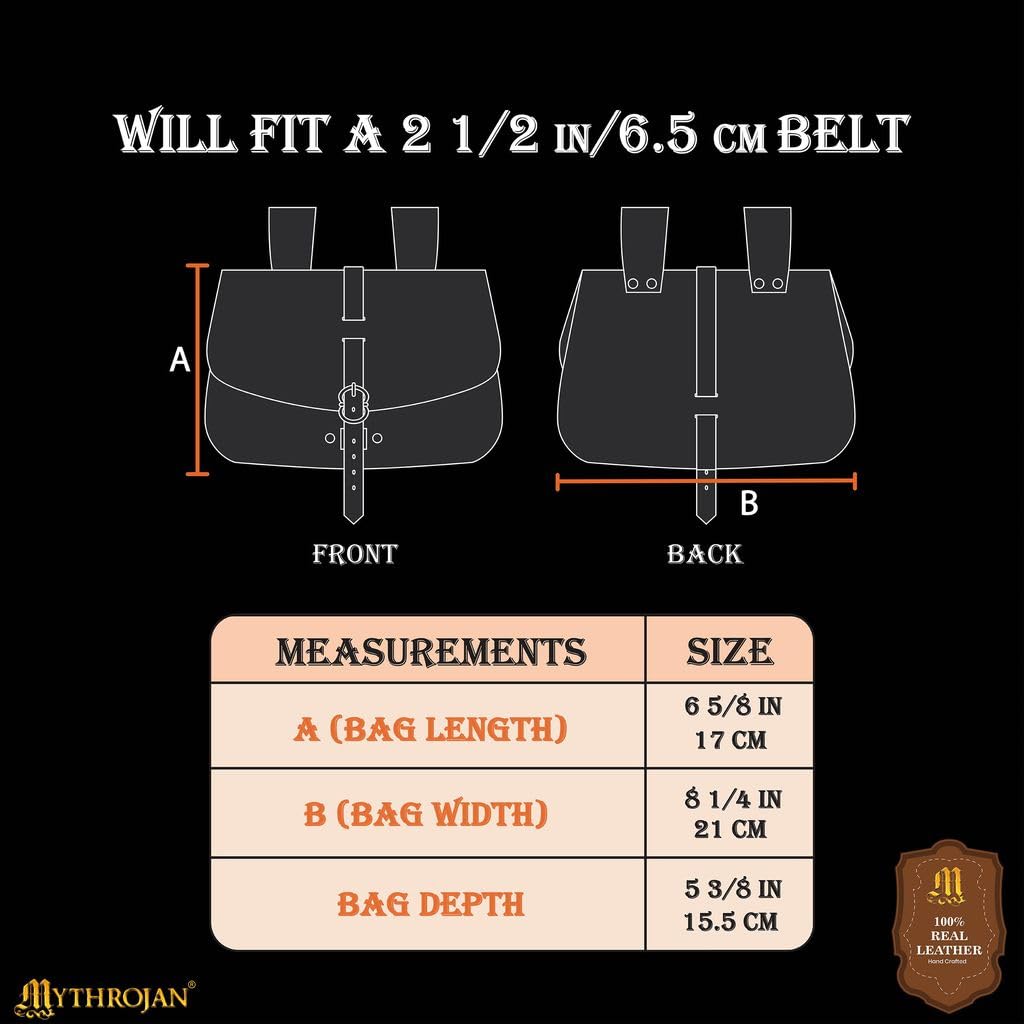 "Medieval Leather Belt Pouch Vintage Waist Bag for LARP, Renaissance Fairs, Costumes, Cellphone Holder, Travel Wallet, Fanny Pack, Holster Purse Durable & Stylish Pouch - Black, 6.2" x 7"