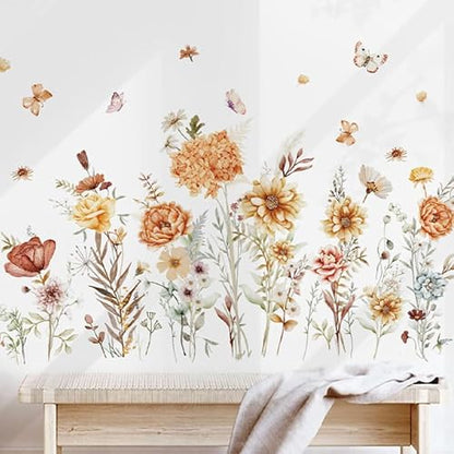 Boho Wall Decor Stickers Floral Wallpaper Peel and Stick Pretty Flowers Butterfly Wall Decals for Living Room Baby Kids Nursery Girls Bedroom Wall Decoration