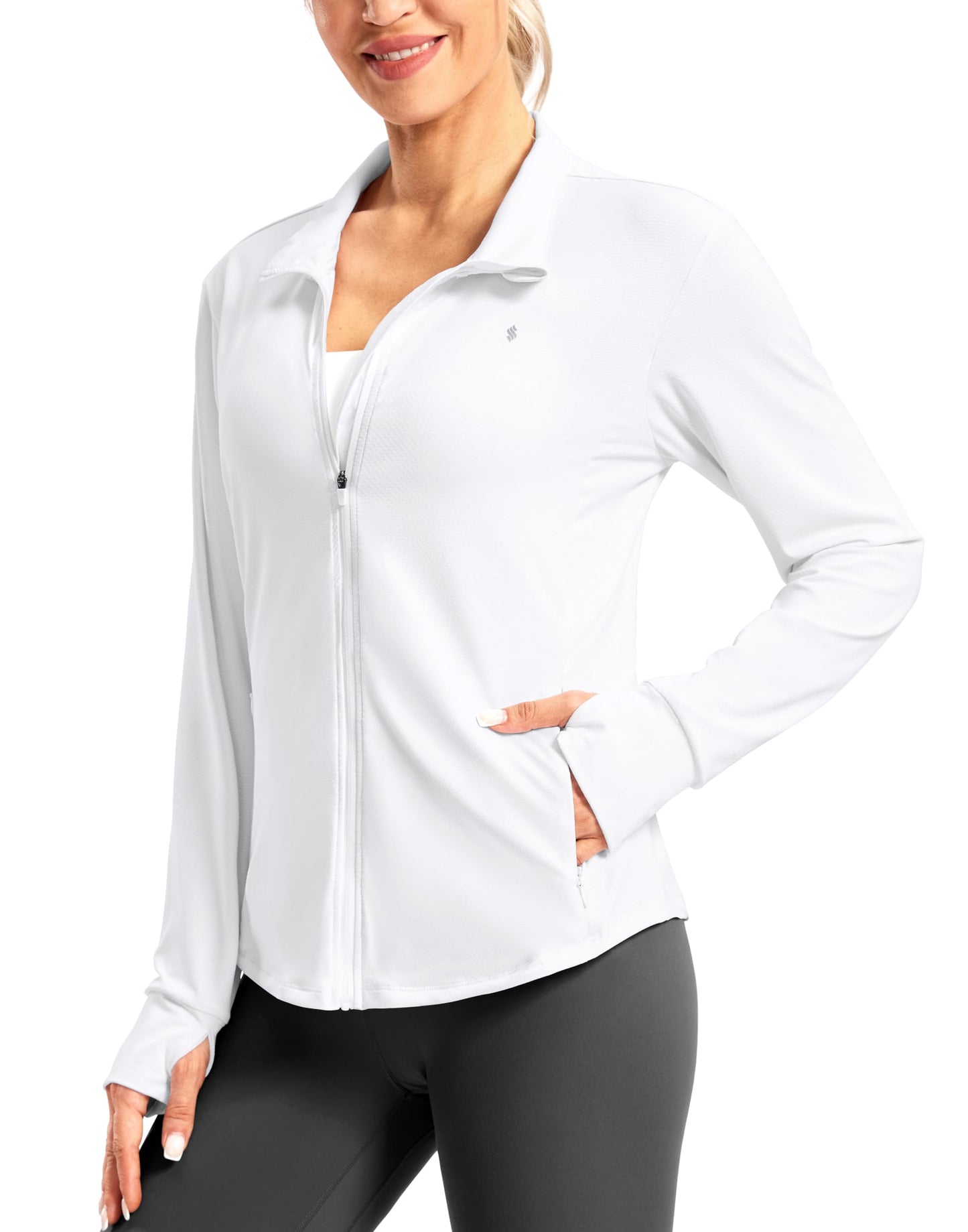 Soothfeel Women's UPF 50+ Lightweight Athletic Jackets Sun Protection Zip Up Long Sleeve Shirts Hiking Workout Outdoor Pocket, White, M