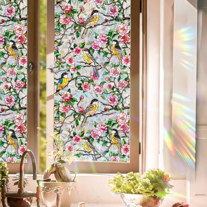 Runtoo Window Privacy Film Rainbow Bird on Tree Branch Flowers Window Clings 3D Decorative Vinyl Stained Glass Rose Peony Floral Decals Static Sticker Non-Adhesive, 17 x 40 inches