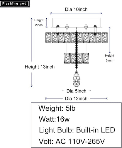 Flashing God 12" Modern Crystal Chandeliers Black Flush Mount Ceiling Chandelier Mini Chandelier for Hallway LED Dimmable Crystal Pendant Light for Dining Room Living Room Bedroom