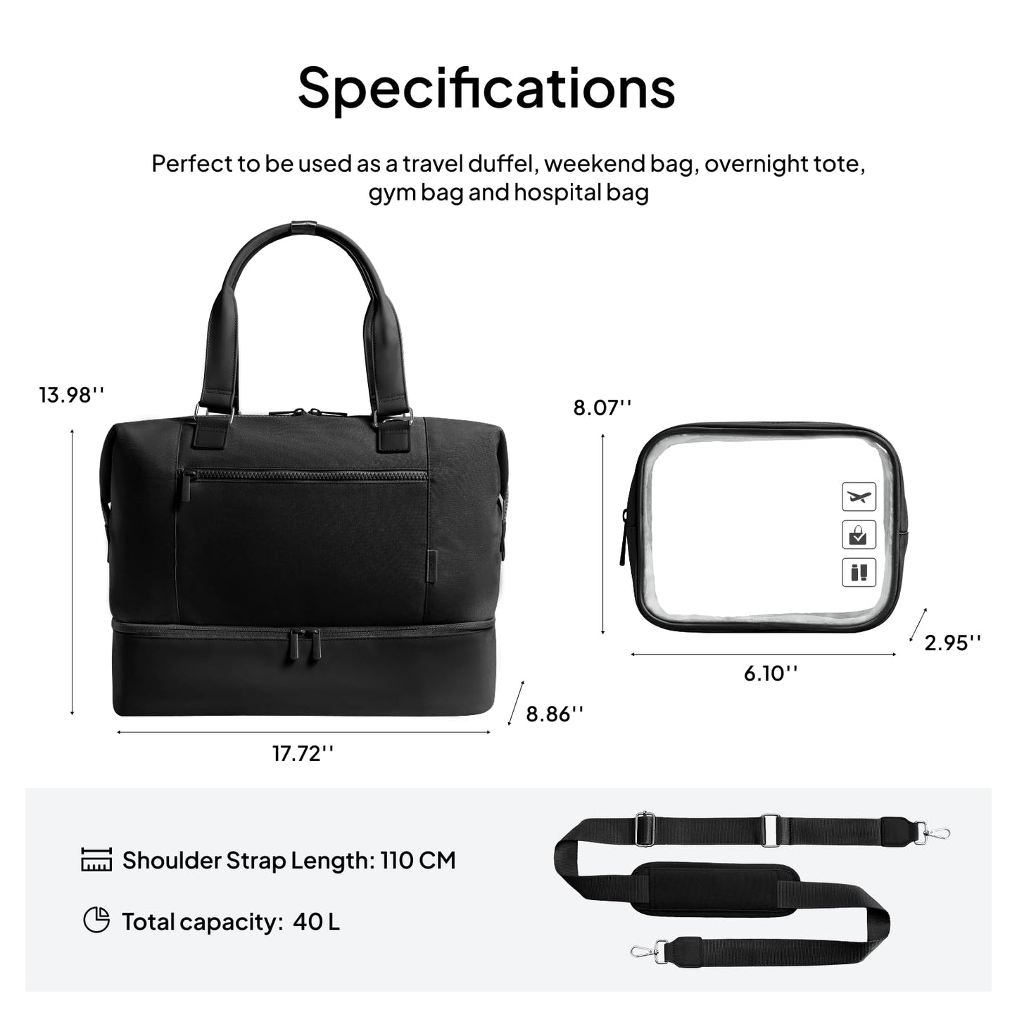 Travel Duffle Bag for Women,40L Weekender Bags Airline Approved Carry On with Shoe Compartment & Waterproof Wet Pocket, Durable Nylon Weekender Overnight Bag for Travel, Gym, Business Trip, Black