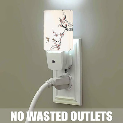 Retro Bird Night Light, Cherry Blossoms Night Lights Plug into Wall Decor for Bedroom, Bathroom, Hallway, Kitchen, Dusk to Dawn Sensor Nightlights for Boys Girls Women Men Room Gifts