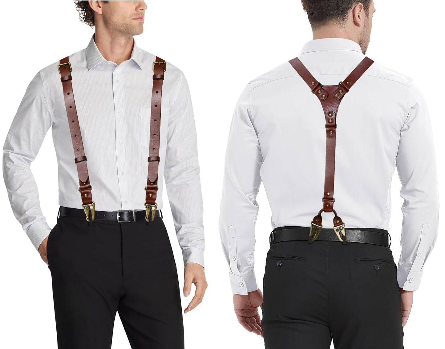 SILKSEA Leather Suspenders for Men Heavy Duty Y Back Adjustable Solid Brace Men's Big & Tall Suspenders for Dress Pants with Snap Clips Hooks, Brown