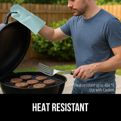 GORILLA GRIP BPA-Free Soft Silicone Oven Mitts and Pot Holders Sets, Heat Resistant Waterproof Cooking Gloves, Thick Cotton Lining, Flexible Gripping for Baking Grilling, Kitchen Trivets, Turquoise