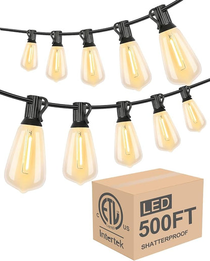 Lightdot 500FT Outdoor String Lights, LED Bistro String Lights with Shatterproof ST38 Bulbs, 2200K Dimmable, Waterproof Hanging Lights for Porch, Party, Garden, Backyard, Balcony