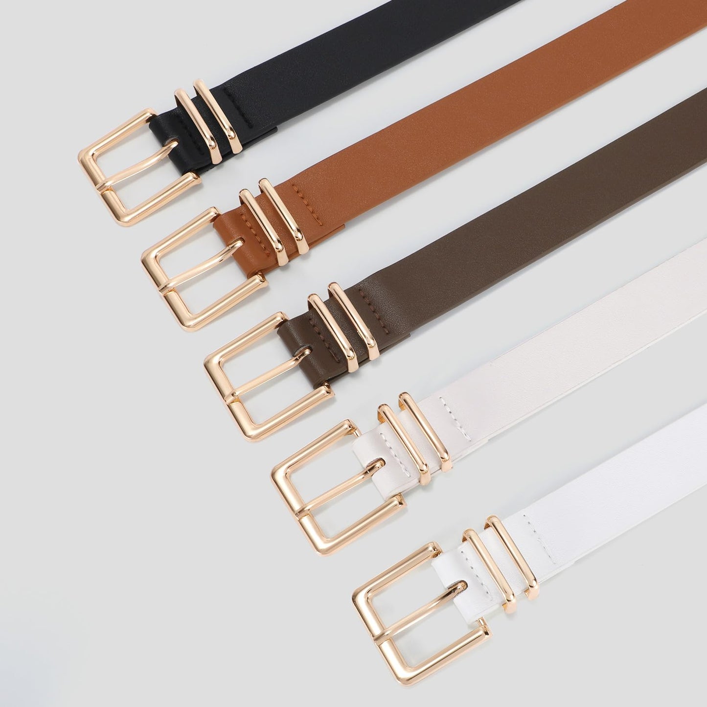 SANSTHS 3 PACK Women Leather Belts for Jeans Pants Dresses Fashion Ladies Waist Belt with Gold Square Buckle,Black Coffee Beige,S