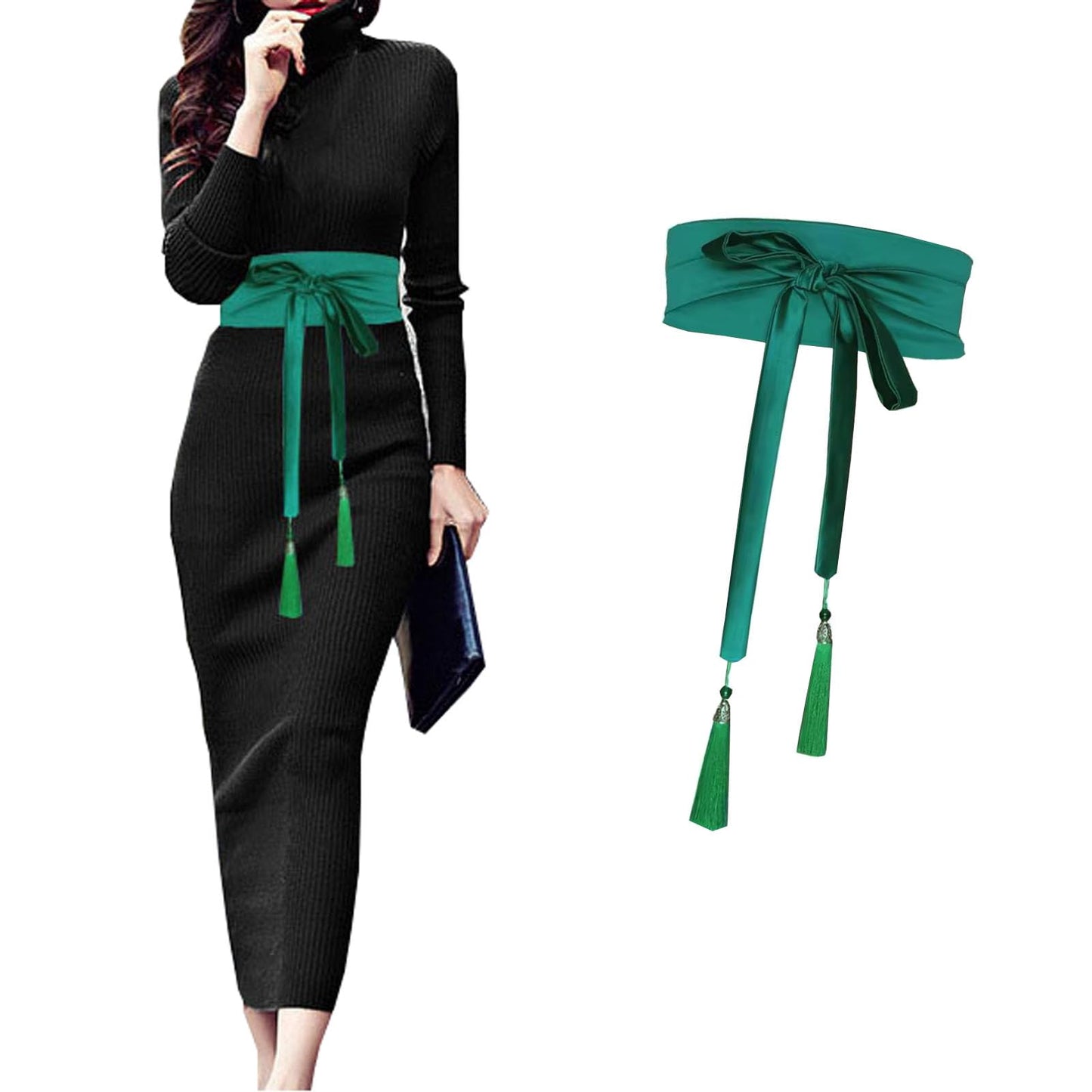 laelinggt Women's belt tassel strap double loop imitation silk tie belt lace up waist cover for dress