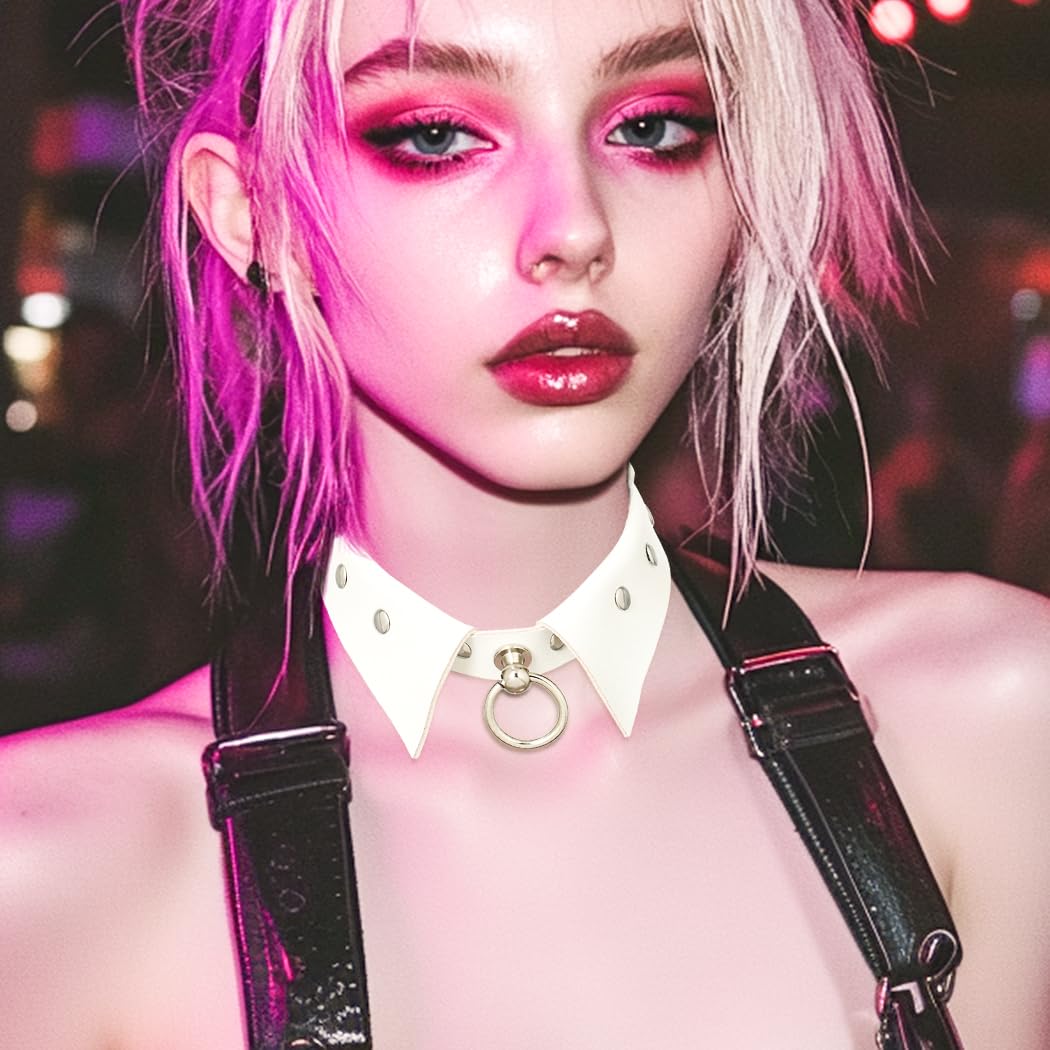 Urieo Gothic Leather Choker Necklace White Punk Nightclub Jewerly Accessories for Women