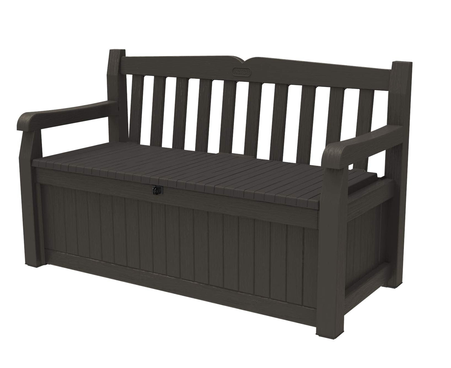 Keter Solana 70 Gallon Storage Bench Deck Box for Patio Furniture, Front Porch Decor and Outdoor Seating – Perfect to Store Garden Tools, Brown/Brown