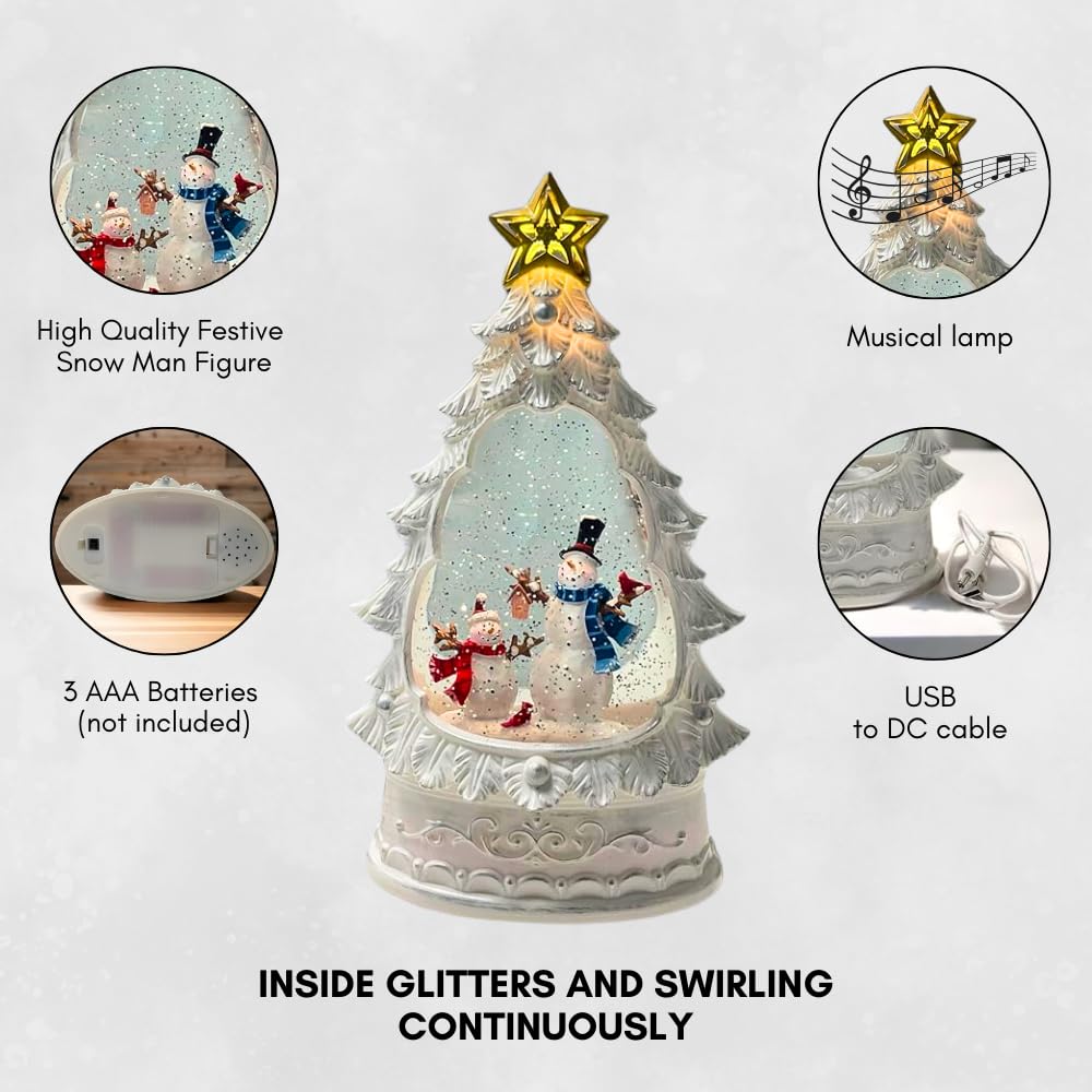 Snowman's Christmas Musical Snow Globe Lamp | Battery Operated and USB Powered LED Lighted Swirling Glitter Water Lantern for Tabletop Home & Christmas Decoration