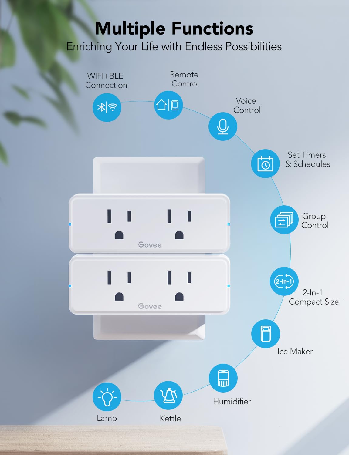 Govee Dual Smart Plug 2 Pack, 15A WiFi Bluetooth Outlet, Work with Alexa and Google Assistant, 2-in-1 Compact Design, Govee Home App Control Remotely with No Hub Required, Timer, FCC and ETL Certified