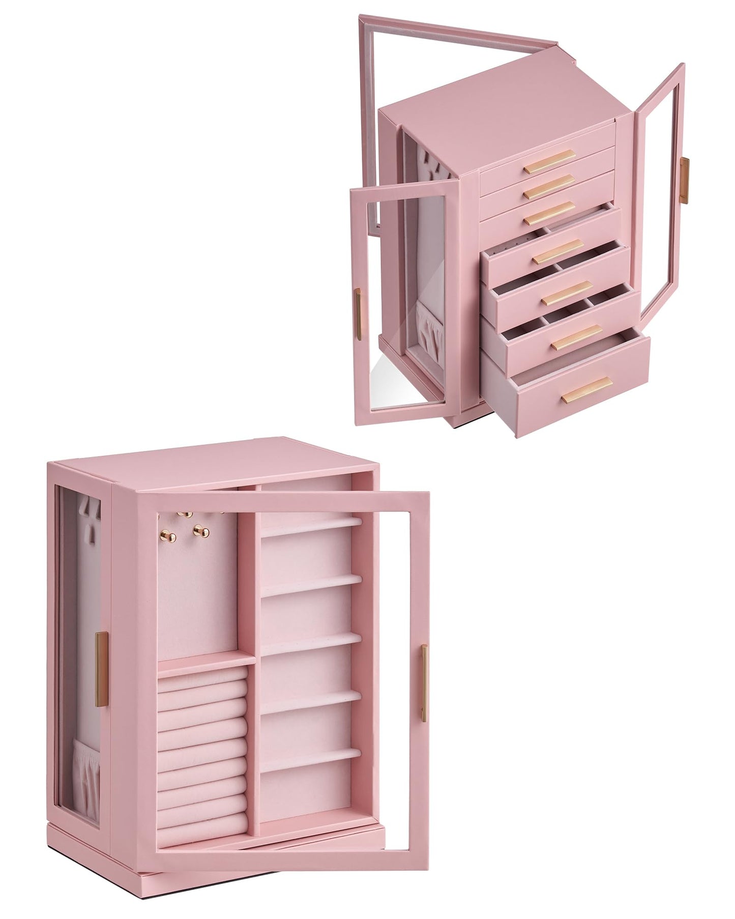 Glimmloop 360° Rotating Jewelry Box with 7 Drawers, Spacious Vertical Jewelry Organizer with Glass Window, Jewelry Storage Case, Dustproof & Moisture-resistant Design, Pink