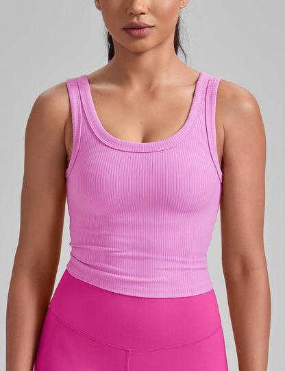 HeyNuts Ribbed Longline Sports Bras for Women, U Back Wireless Medium Impact Workout Athletic Basic Gym Yoga Crop Tank Tops Padded with Built in Bras Dahlia Mauve S
