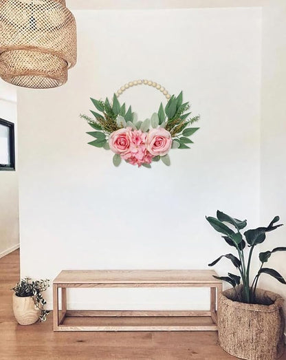 Spring Wreaths for Front Door 10" Artificial Floral Wood Bead Wreaths Eucalyptus Leaves Rose Hydrangea Wreaths for Front Door Boho Farmhouse Wall Decor 2 Pack - Pink