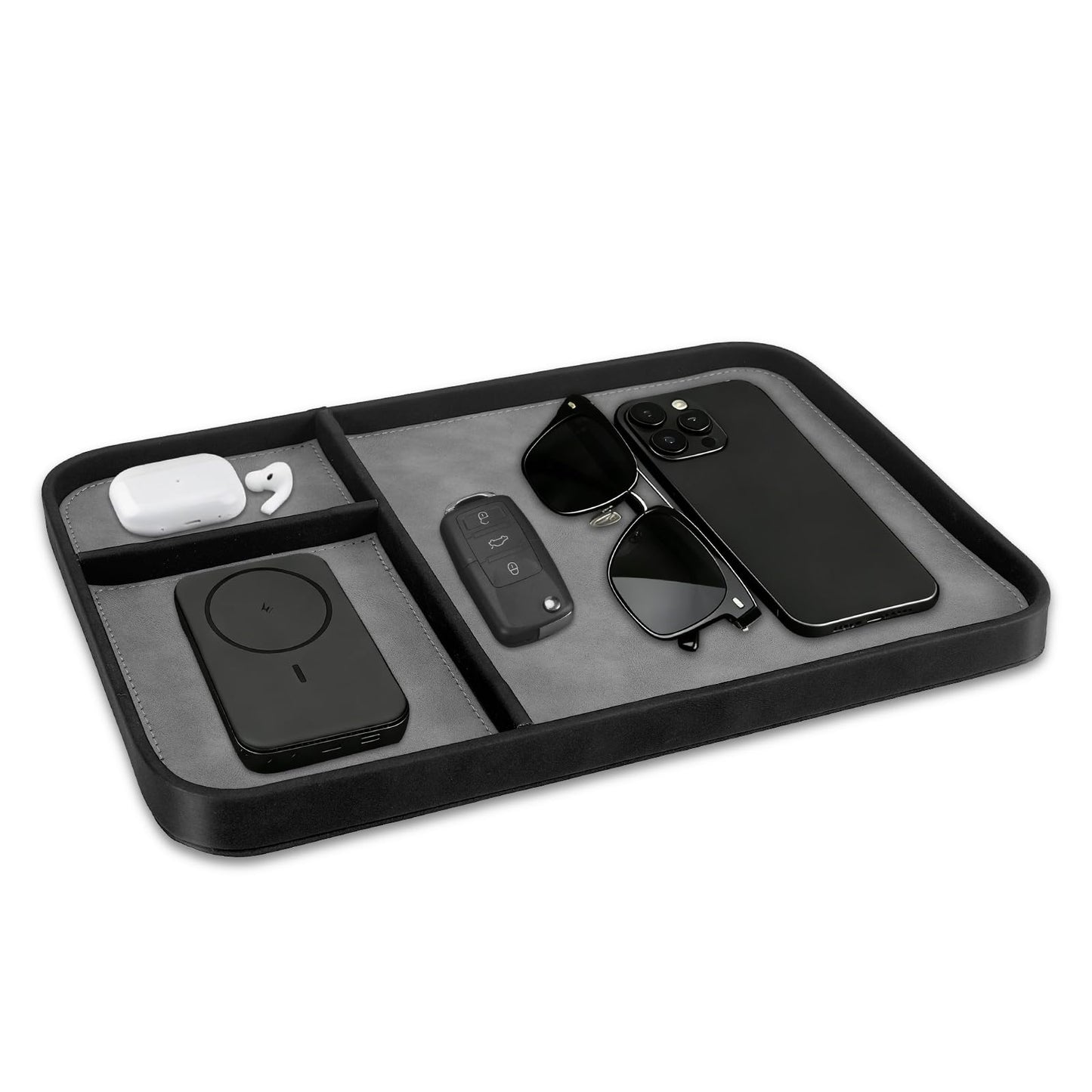 SITHON Valet Tray Trendy Organizer, Premium PU Leather Stylish and Organized Multifunctional Catchall Bedside Vanity Tray Nightstand Caddy Holder for Keys, Watch, Wallet, Jewelry and more (Black)