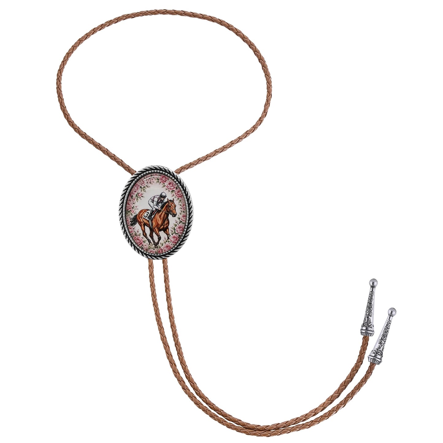 Jeilwiy Bolo Tie for Men Silver Equestrian Horse Racing Western Necktie Brown Leather Cowboy Bolero Tie for Jockeys and Horse Lovers