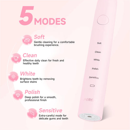 PERECT Ultrasonic Electric Toothbrush with 6 Brush Heads, 5 Modes Electric Toothbrush, Travel Rechargeable Power Toothbrush for Adults with Smart Timer &Travel Case & Soft Picks, IPX7 Waterproof, Pink
