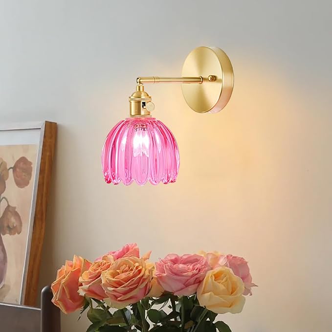 Wall Sconces Set of Two Hardwired, Vintage Sconce Light with Tulip Ruby Red Glass Lampshade, Bathroom Wall Lights with Switch, Gold Wall Light Sconces Wall Decor Set of 2