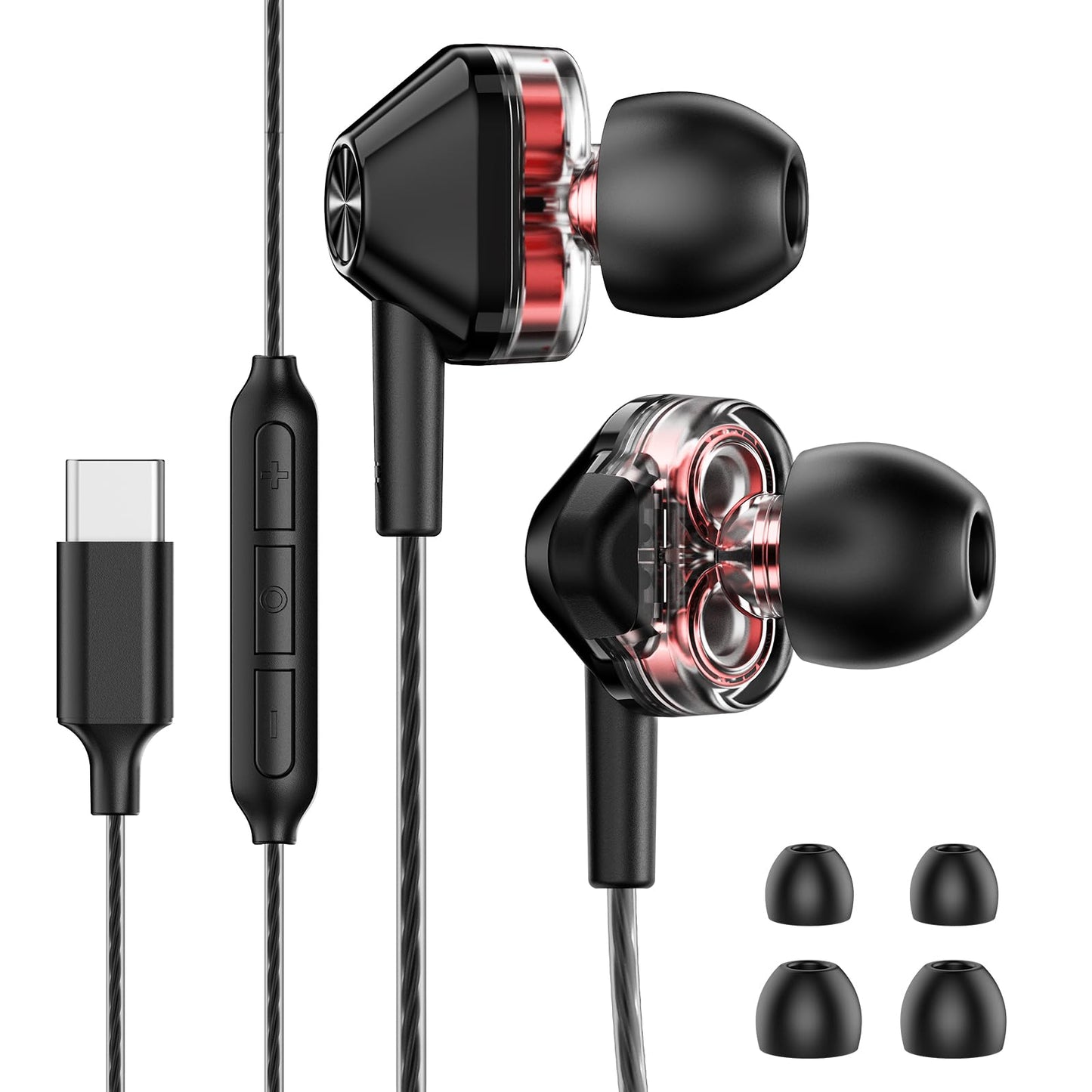 USB-C Wired in-Ear Earbuds, Dual Driver Hi-Fi Headphones with Mic, Noise Isolating Fit, Deep Bass, 5 ft Long Tangle-Free Cable, for iPhone 17 16 15/Android/Samsung Phone, Laptop