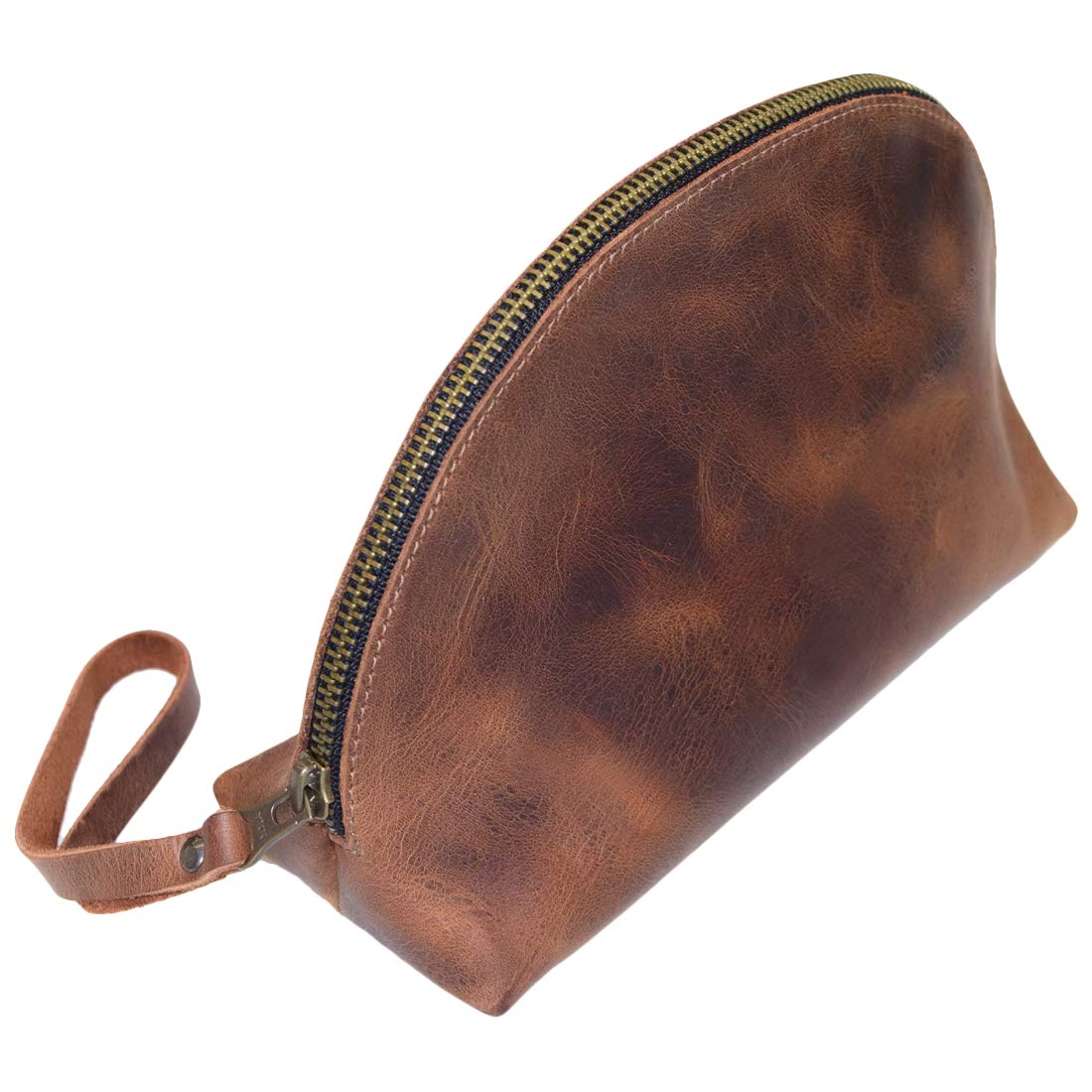 Hide & Drink, Cosmetic Travel Organizer with Hand Strap for Women, Makeup Bag, Classic Handbag, Full Grain Leather, Handmade, Bourbon Brown