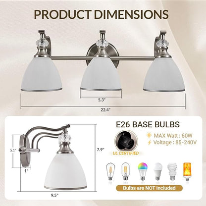 ANDY STAR Bathroom Light Fixture, 3-Light Bathroom Vanity Light Brushed Nickel, Vintage Wall Sconce with Hand-Painted Frosted Lampshade, Wall Lamp in Silver Finish for Bedroom, Living Room, Restroom
