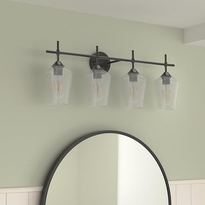 Ralbay Vintage Bathroom Vanity Lighting Fixtures 4-Lights Industrial Matte Black Finish with Clear Glass Vanity Lights Farmhouse Bathroom Vanity Lights Wall Sconce