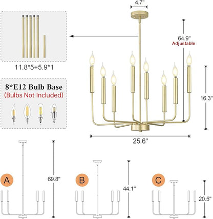 Qamra Modern Farmhouse Gold Chandelier for Dining Room, 8-Light Rustic Candle Chandelier Light Fixture, Industrial Hanging Chandeliers Lighting for Living Room, Kitchen, Staircase, Entryway, Foyer