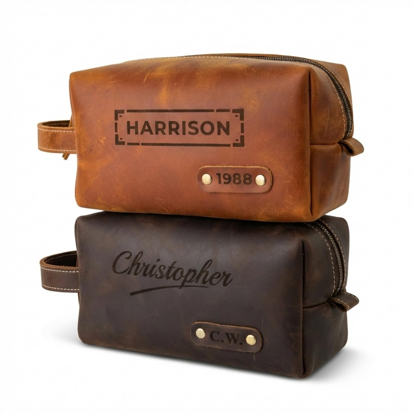 Personalized Toiletry Bag for Men – Genuine Leather Dopp Kit with Custom Engraved Name or Initials – Travel Shaving Bag Gift for Dad, Husband, Groomsmen, Boyfriend, Christmas, Birthday, Anniversary