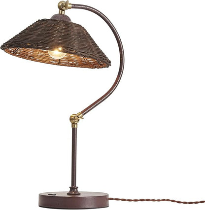 Woven Rattan Bedside Table Lamp for Bedroom, Boho Plug in Handmade Rattan Shade & Anti-Rust Iron Base Desk Lamp, Plug & Play Vintage Dark Brown Nightstand Lamp for Living Room, Office 【Bulb Included】
