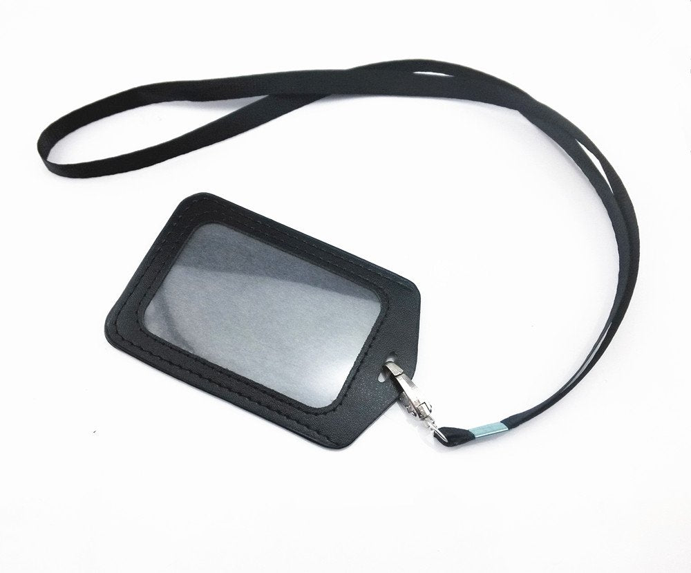 yueton 10pcs Vertical Style Leather Business ID Badge Card Holder, Name Card Business Card Holder Tag with Long Neck Strap Band Lanyard (Black)