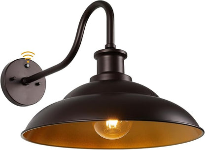 Dusk to Dawn Outdoor Gooseneck Barn Light Fixture, 16 Inch Dome Large Wall Sconce Farmhouse Exterior Wall Mount Light for House Garage Patio Doorway, 1 Pack
