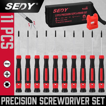 11-Piece Precision Screwdriver Set - Magnetic Mini Screwdrivers for Eyeglasses, Watches, Computers, Laptops, Phones - Phillips, Slotted, Torx, Non-Slip Handle, Portable Storage Bag Included