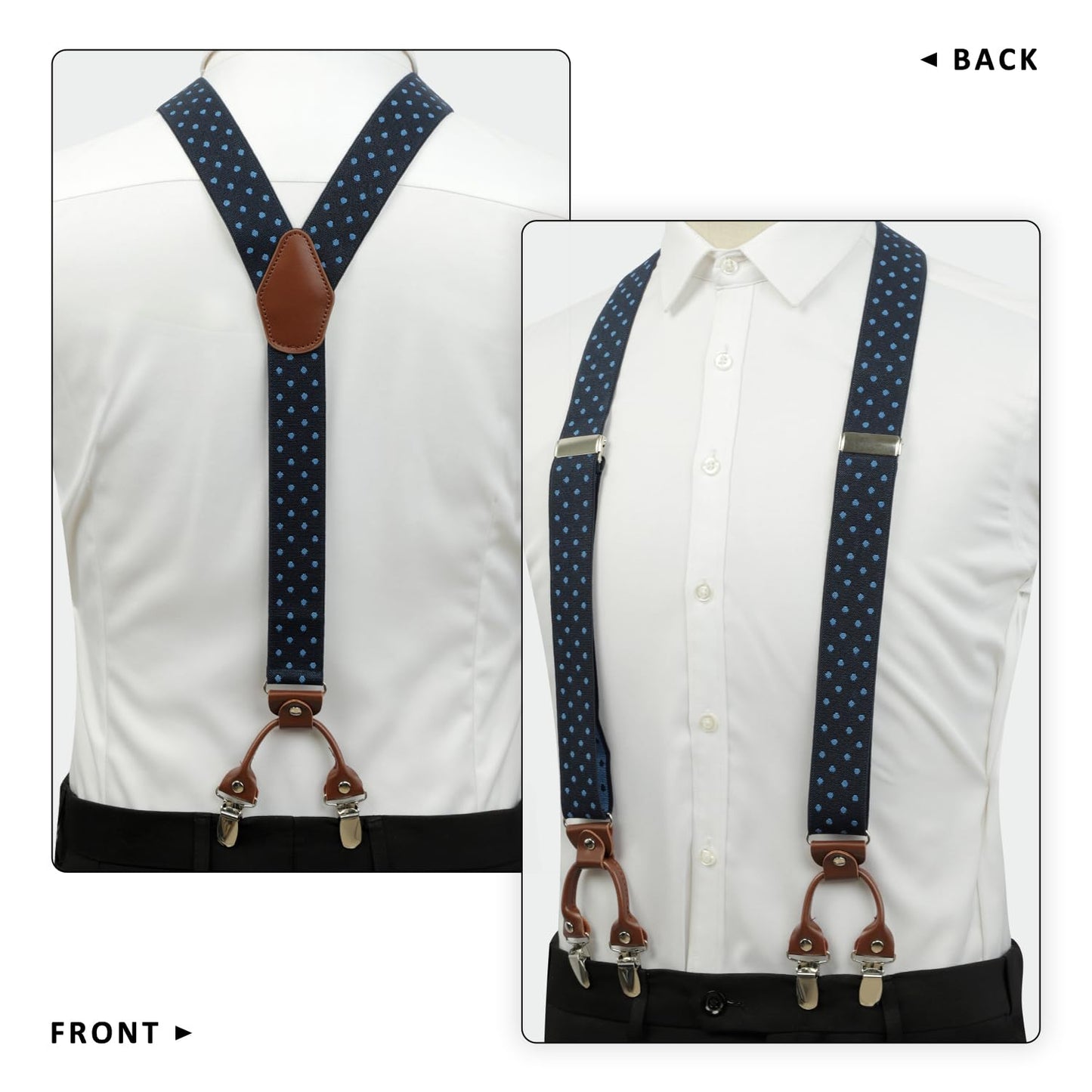 LEHOMU Suspenders for Men with leather 6 Heavy-Duty Clips, 1.4 Inches Wide Men's Suspenders Y-Back Adjustable Elastic Fit for Work or Casual Wear，Tibetan Blue Dots