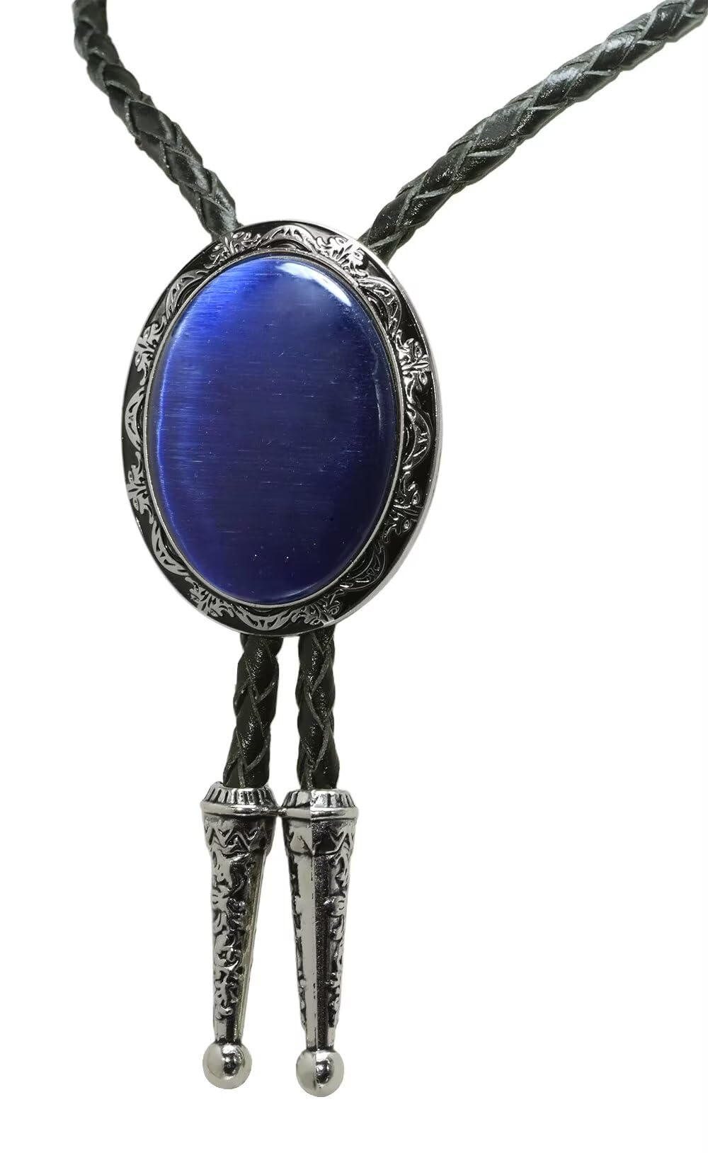 Moranse Bolo Tie with Natural Blue Gem Stone Cowboy Style Genuine Cowhide Rope