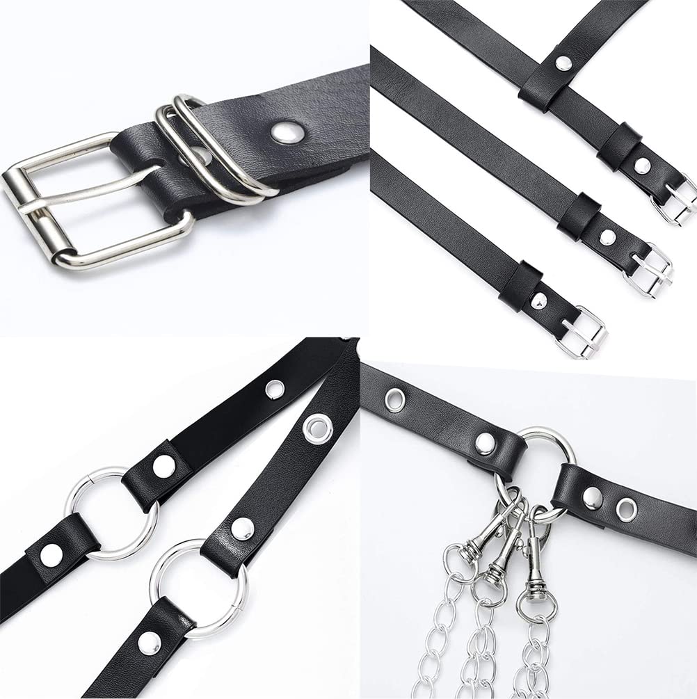 HUI GUO Women's Gothic Body Chain Belt Leather Punk Waist Belt with O-ring Metal Chain Tassel Adjustable Buckles(Black3), One Size