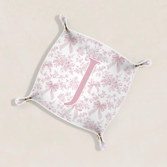 Dilemat Gifts for Women Initial Valet Tray,Pink Bow Personalized Gifts for Women Mom Grandma Girlfriend,Nightstand Desk Accessories PU Leather Tray Organizer for Birthday Christmas Gift Ideas (J)