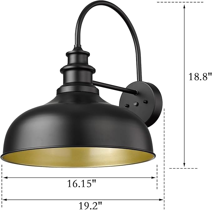 Bestshared 16 Inch Dome Large Dusk to Dawn Sensor Gooseneck Barn Light Farmhouse Outdoor Wall Sconce Industrial Exterior Wall Lighting Fixture, Outside Lantern Garage Lamp (Black+Gold,16” Dome-1Pack)