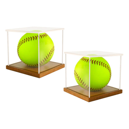 LuxRound 2-Pack Acrylic Softball Display Case with Wooden Base - Clear UV Protective Box for 12" Official Softball, Autographed or Collectible Ball, Dust Proof Tabletop Showcase