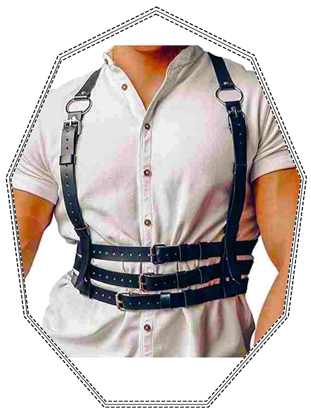 Fstrend Men's Mardi Gras Chest Harness, Faux Leather Shoulder Strap Belt, Black Fashion Rave Outfits Body Accessory