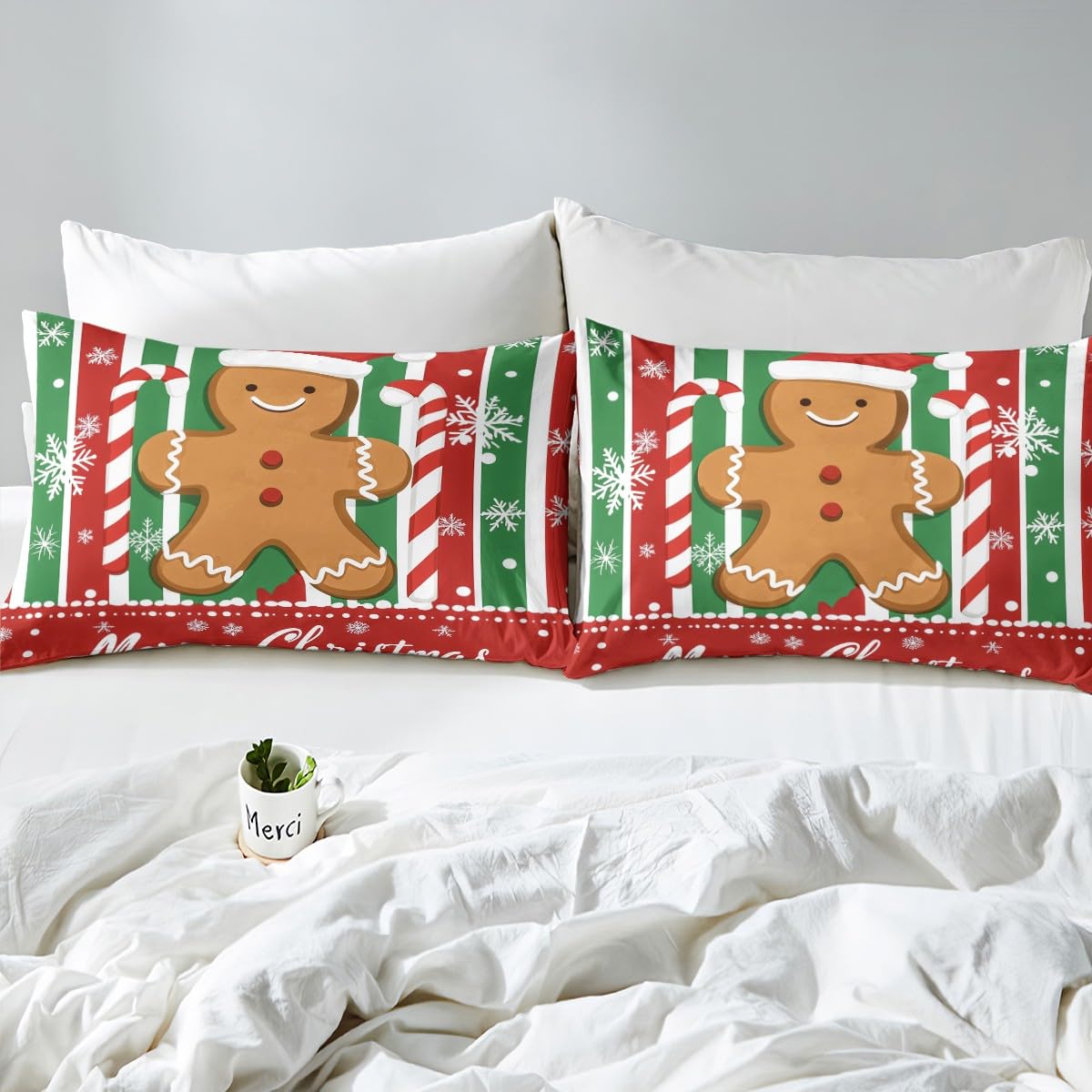 Feelyou Kids Merry Christmas Bedding Set Full Size Gingerbread Man Candy Cane Comforter Cover Set for Boys Girls Xmas Snowflake Winter Theme Duvet Cover Happy New Year Bedspread Cover (No Comforter)