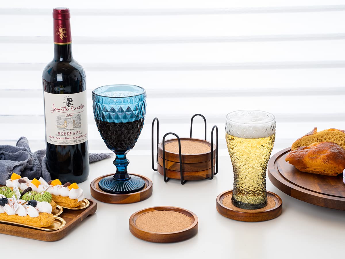 Acacia Wood Cork Coasters with Holder - Absorbent Rustic Cork Coasters for Coffee/Dining Tables & Desks - Set of 6, 4.13in Dark Brown