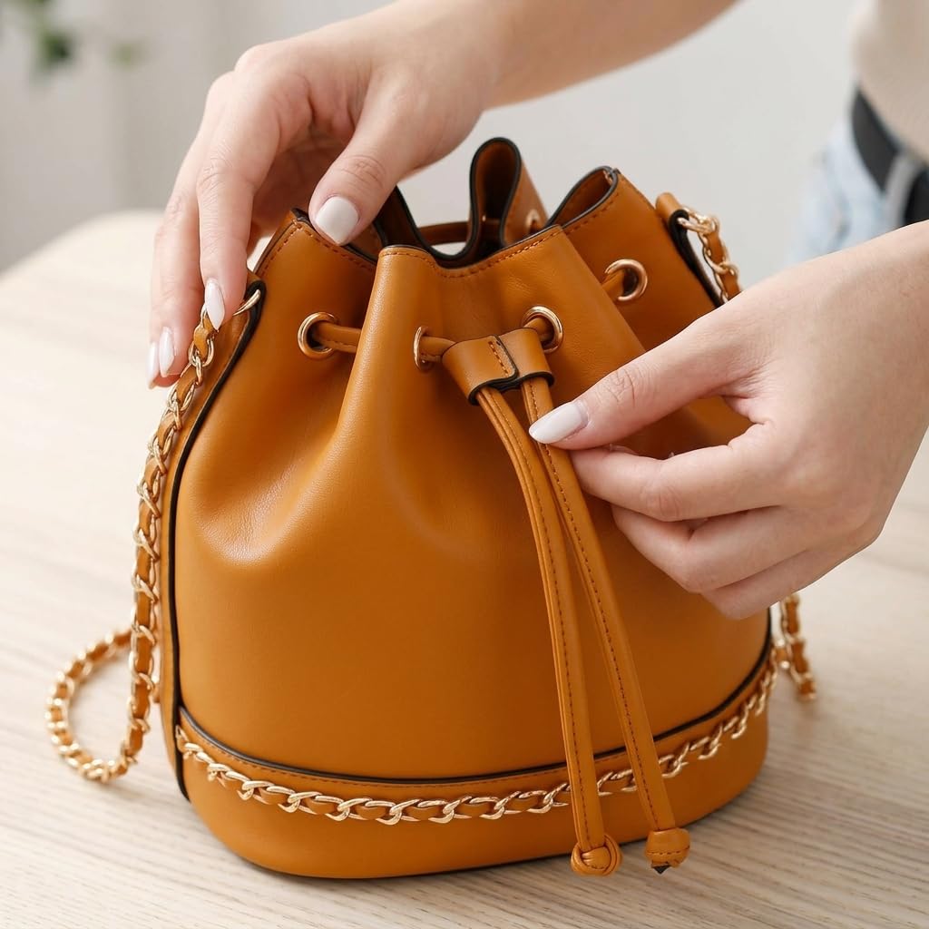 Rosvovo Leather Bucket Bag - Elegant Orange Drawstring Crossbody Purse for Women with Gold Chain Strap