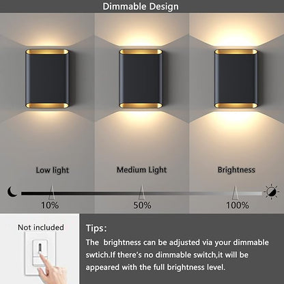 LED Wall Lights Outdoor Wall Sconces Dimmable 15.5W, IP65 Waterproof Porch Lights Up and Down Modern Wall Lamps for Bedroom, 3000K CRI 90+ (Black+Gold)