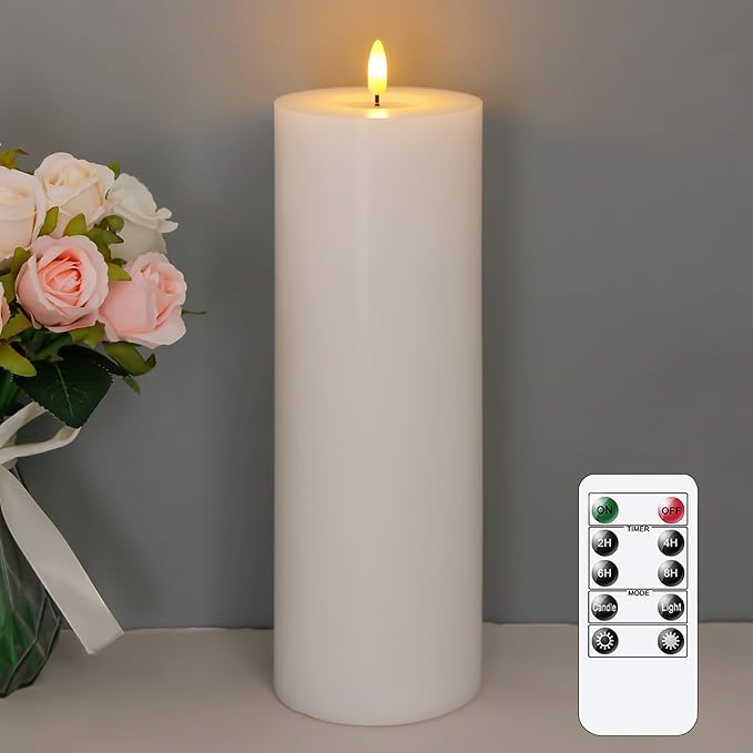 4" x12" Flameless Flickering Remote White Candles with Candle Grease and Timer, LED Battery Operated Fake Real Wax 3D-Wick Pillar Candles, Pack of 1