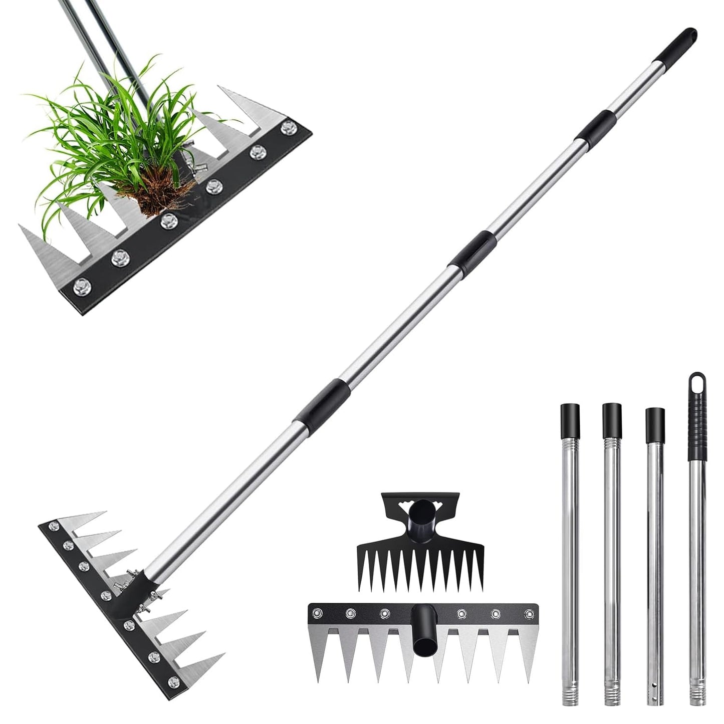 Weed Puller Tool with Long Handle, 60" Manual Weeder Remover Tool, 2 in 1 Hand Weed Rake and Garden Hoe for Gardening, Uprooting Weeding Tool for Yard, Lawn, Patio, Garden