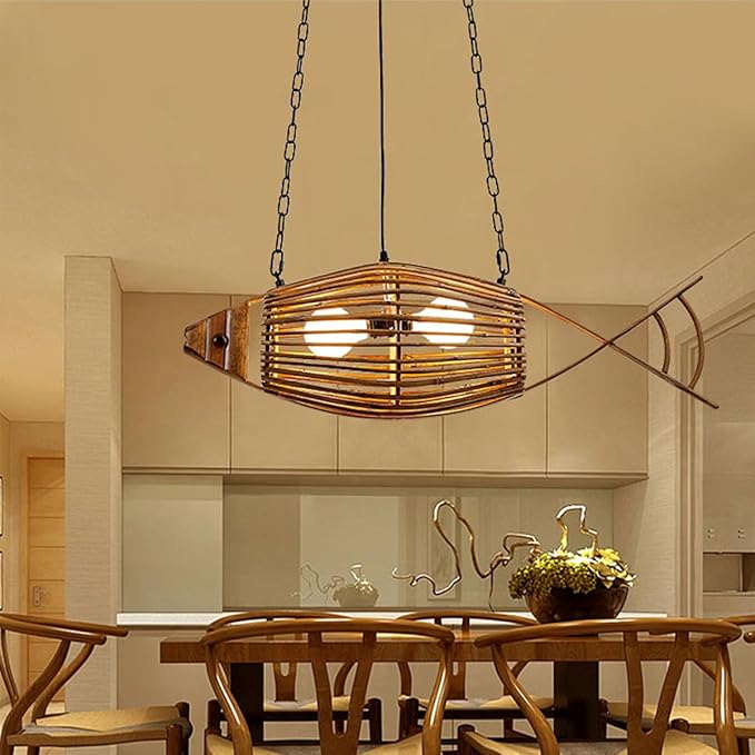 Rustic Fish Pendant Light,Hand-Woven Bamboo Hanging Lamp,Adjustable Kitchen Hanging Light,Boho Style Pendant Lamp for Living Room Bedroom